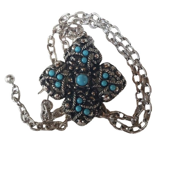 Avon Sierra Maltese Cross Faux Turquoise Necklace Pendant Vintage 1973 - Picture 3 of 12